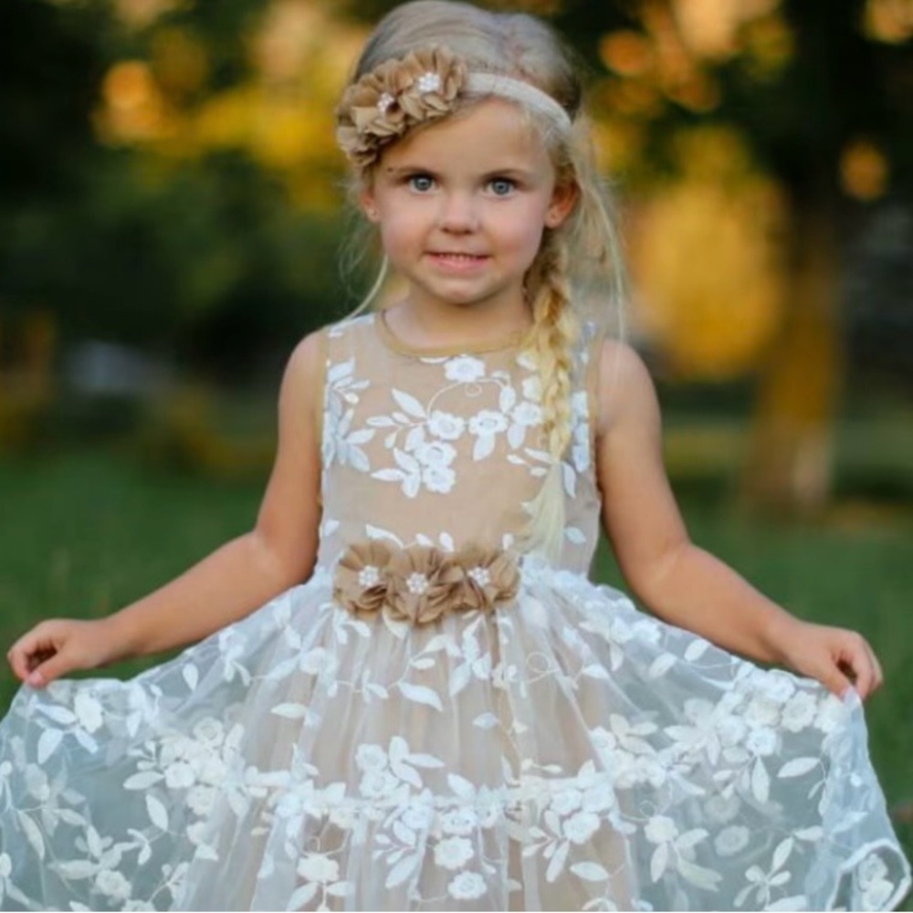 Think Pink Bows Girls Sleeveless Party Floral Lace Flower girl Easter Dress